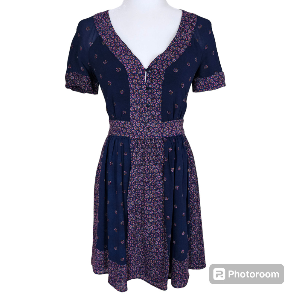 French Connection Mini Dress Womens Size 0 Blue Floral Fit & Flare Short Sleeve